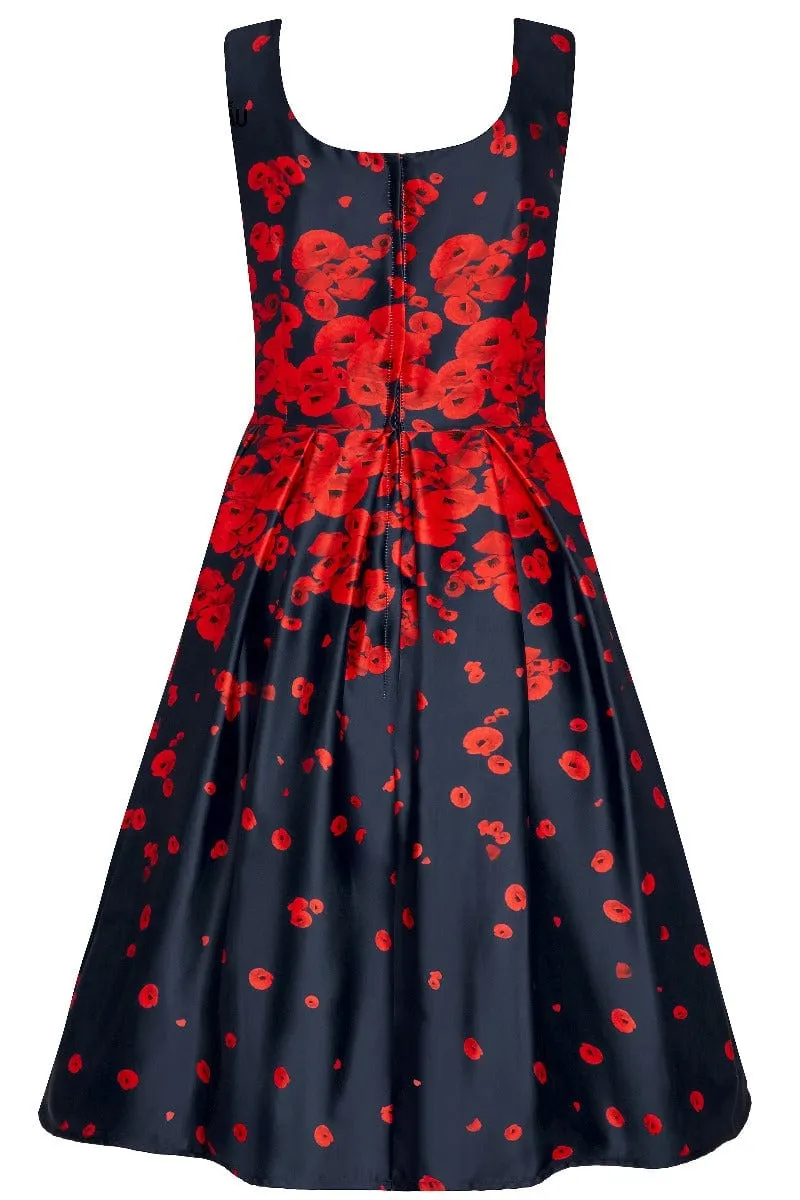 Amanda 50s Inspired Swing Dress Navy with Poppy Flowers