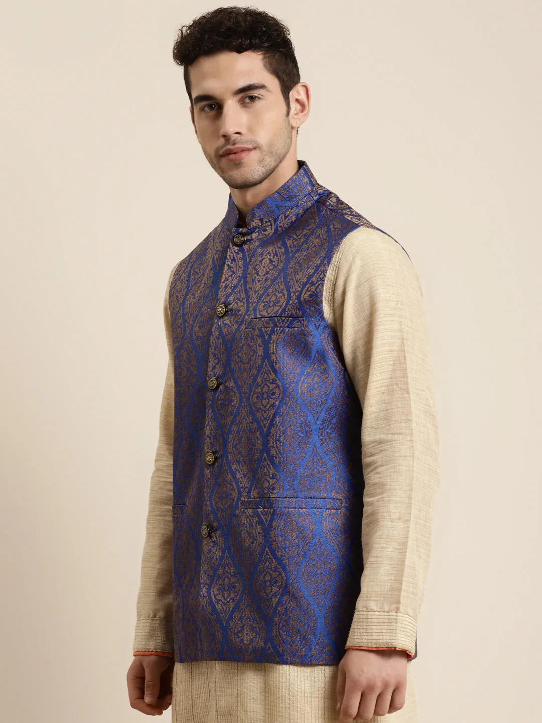 Men's Jacquard Silk Blue & Gold Waistcoat