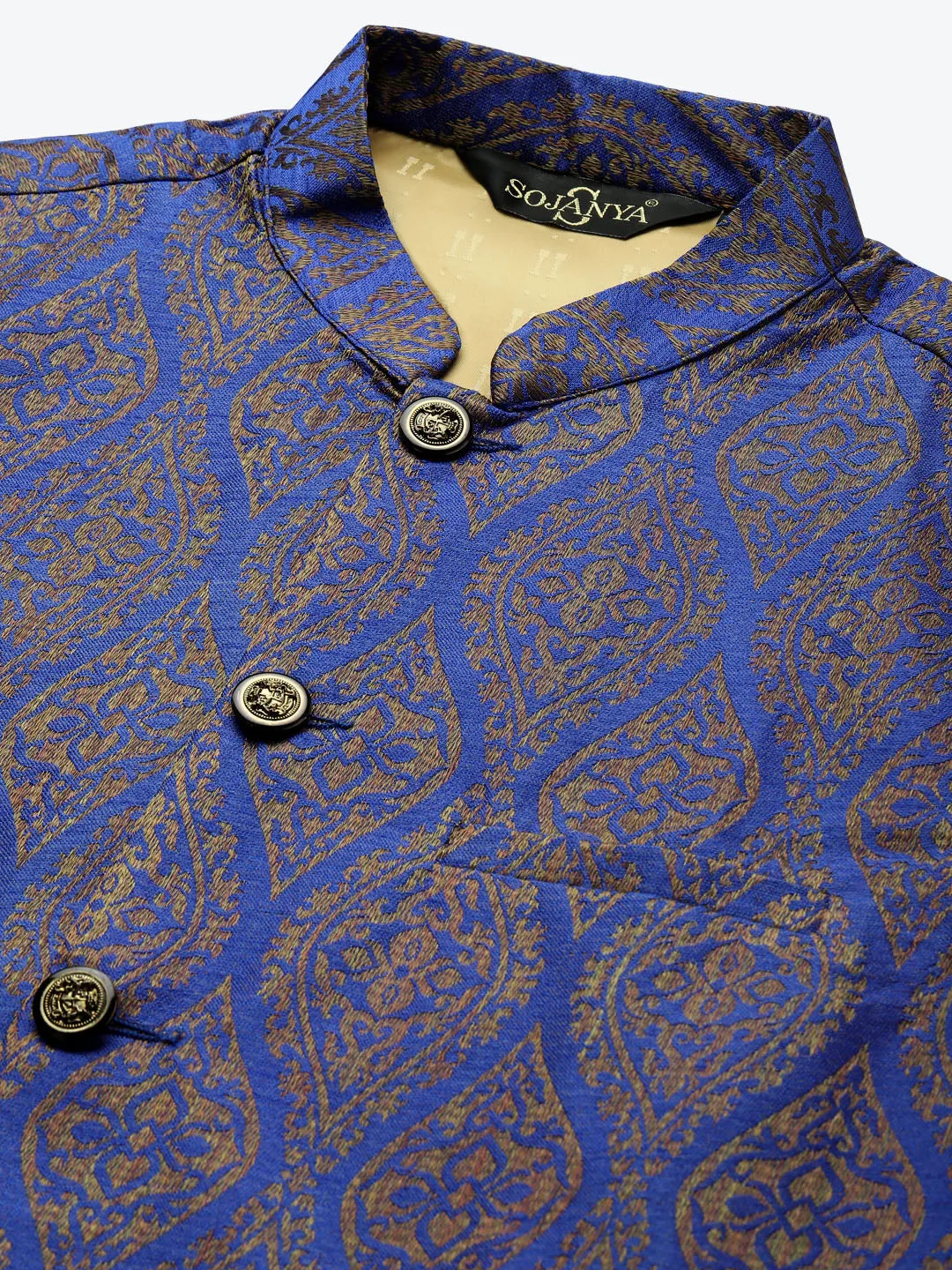 Men's Jacquard Silk Blue & Gold Waistcoat