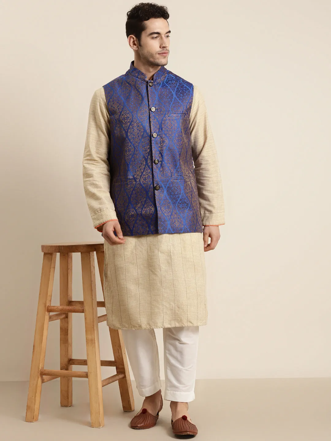 Men's Jacquard Silk Blue & Gold Waistcoat