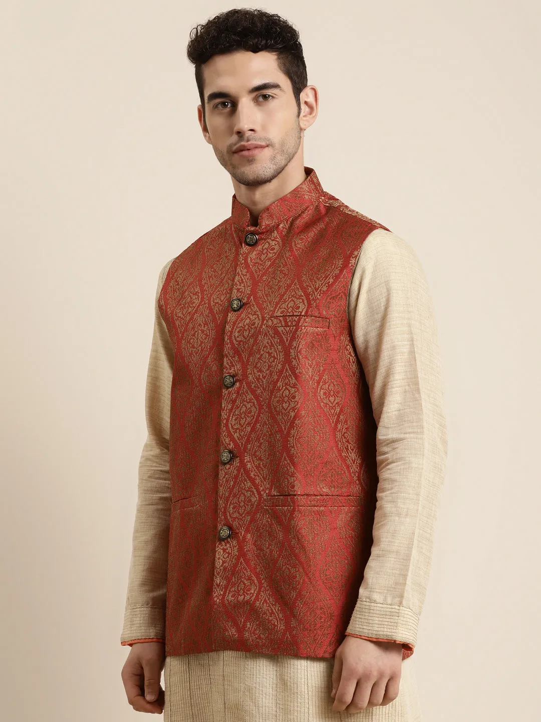Men's Jacquard Silk Red & Gold Waistcoat