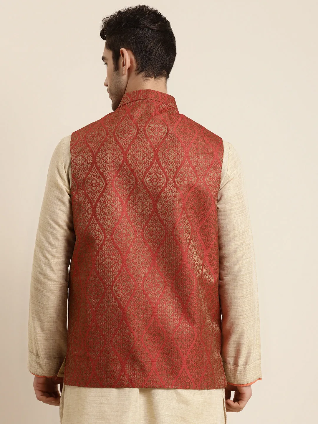 Men's Jacquard Silk Red & Gold Waistcoat