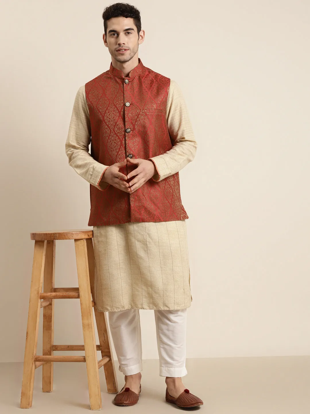 Men's Jacquard Silk Red & Gold Waistcoat